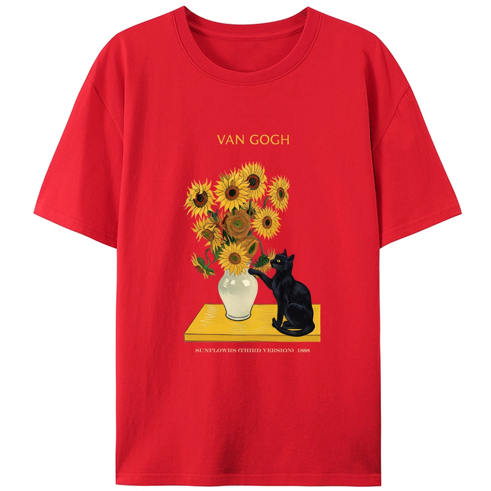 Curious Cat Touching Sunflowers Designed for Women - Slim Fit Cotton Tee