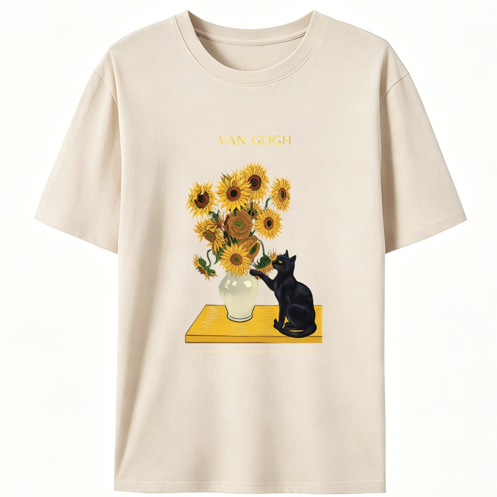 Curious Cat Touching Sunflowers Designed for Women - Slim Fit Cotton Tee