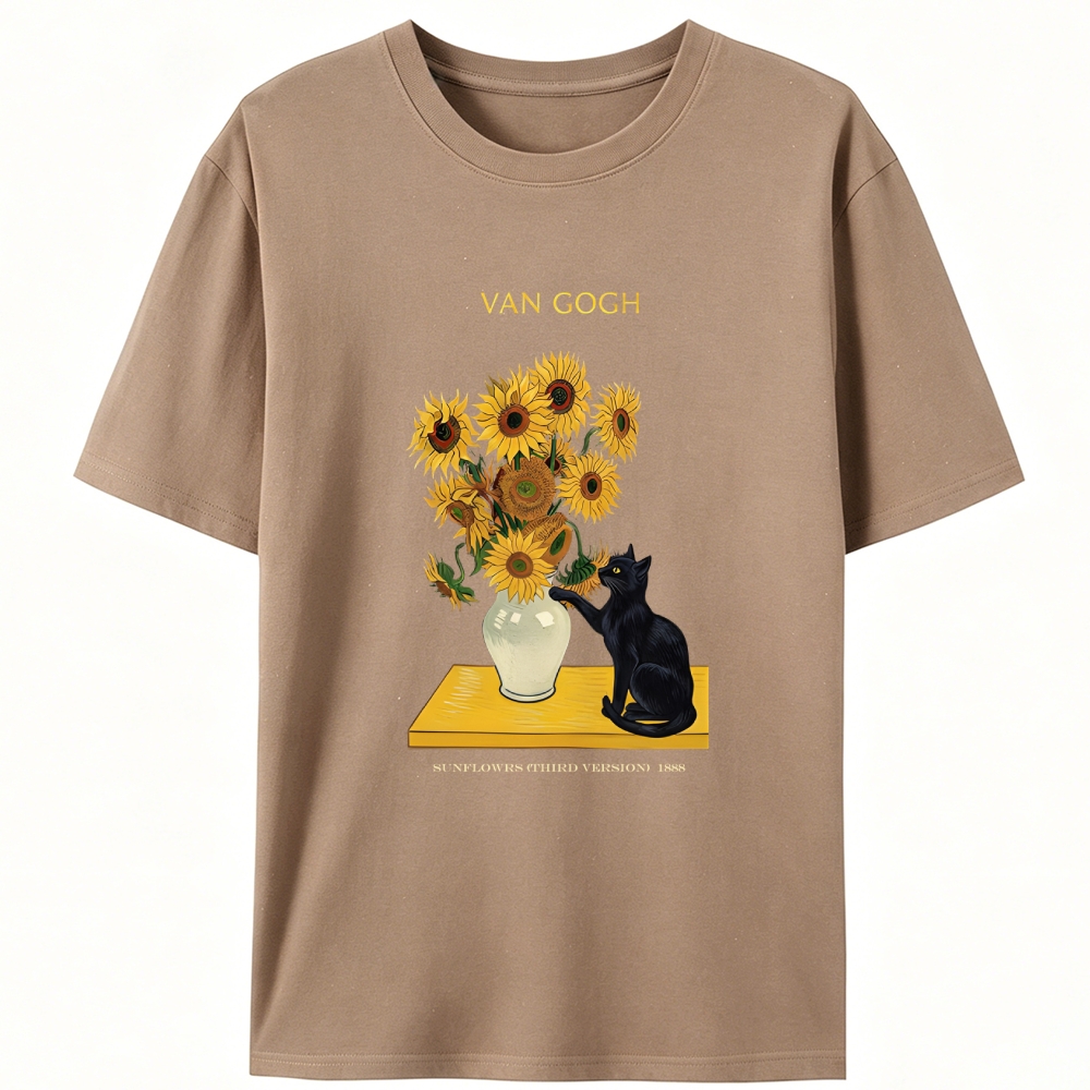 Curious Cat Touching Sunflowers Designed for Women - Slim Fit Cotton Tee