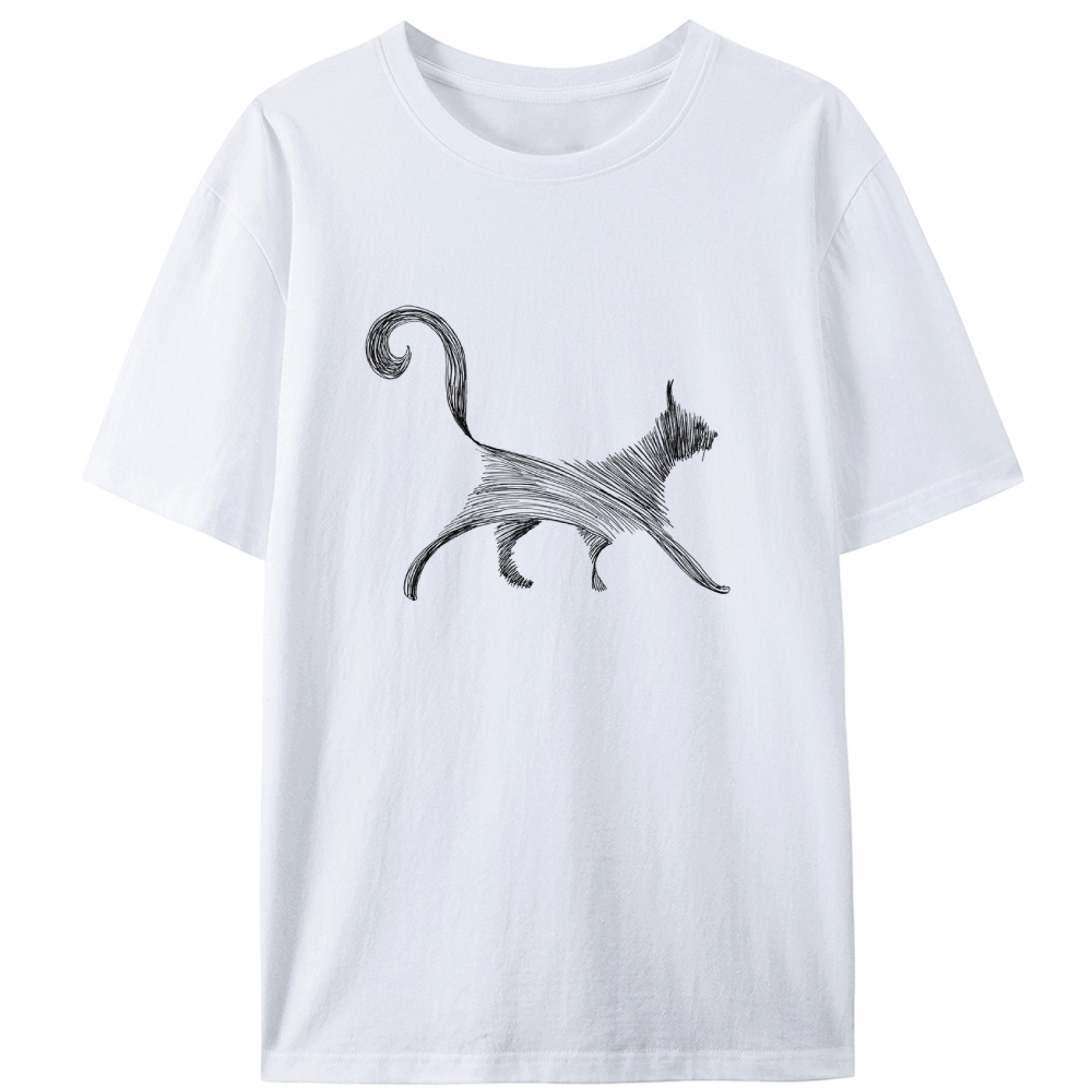 Line Art Cat Retro Designed for Women - Slim Fit Cotton Tee