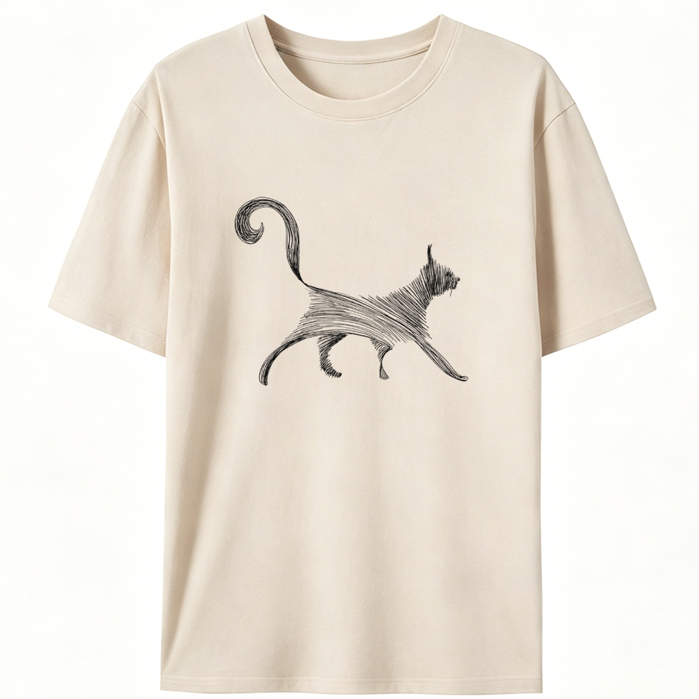 Line Art Cat Retro Designed for Women - Slim Fit Cotton Tee