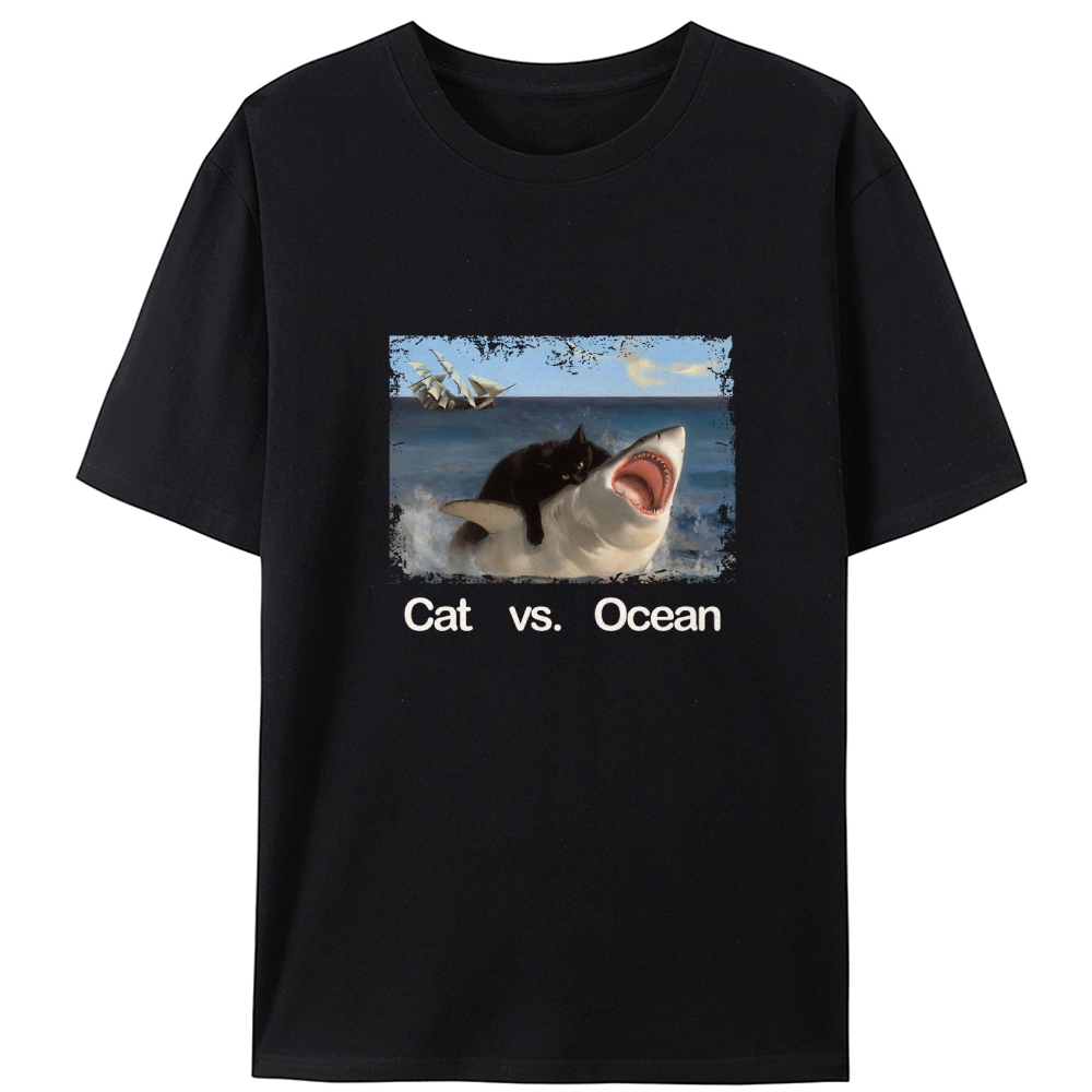 Cat vs. Ocean Retro Designed for Women - Slim Fit Cotton Tee