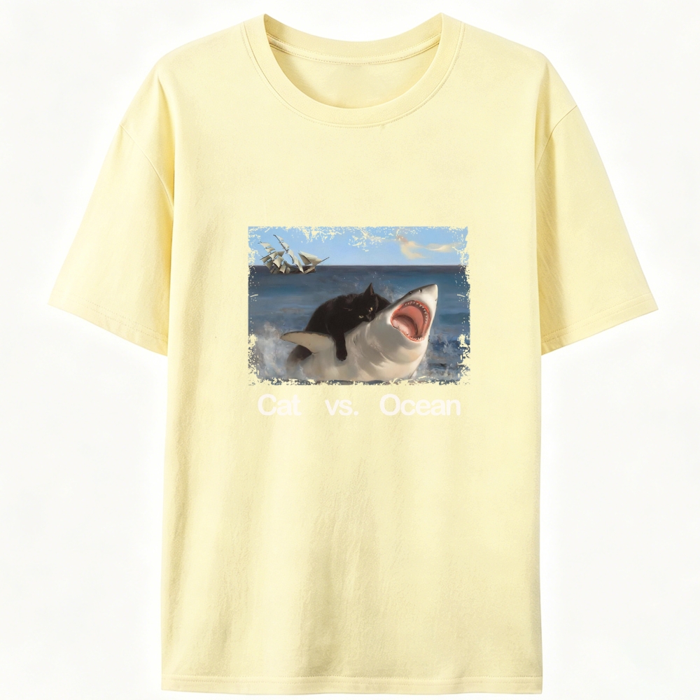 Cat vs. Ocean Retro Designed for Women - Slim Fit Cotton Tee