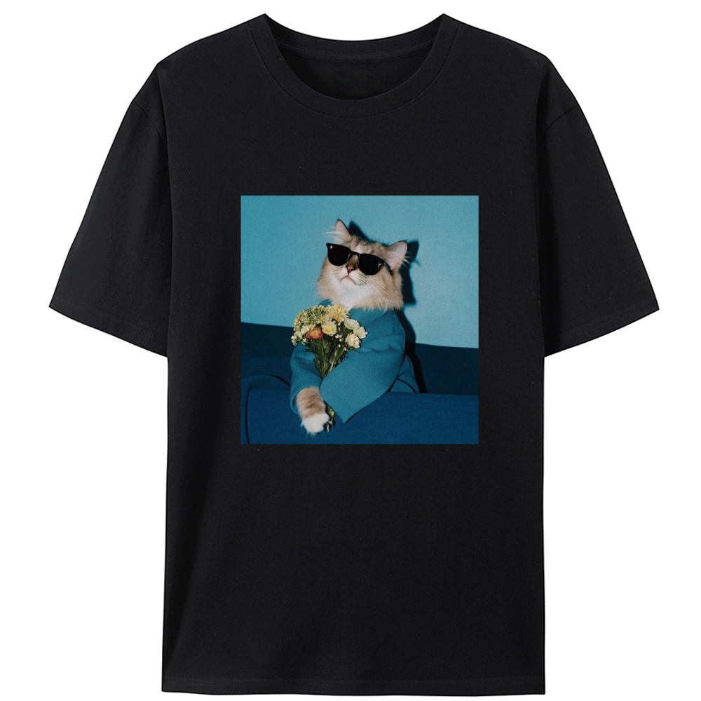 Cool Cat With Sunglasses Holding Flowers Retro Designed for Women - Slim Fit Cotton Tee