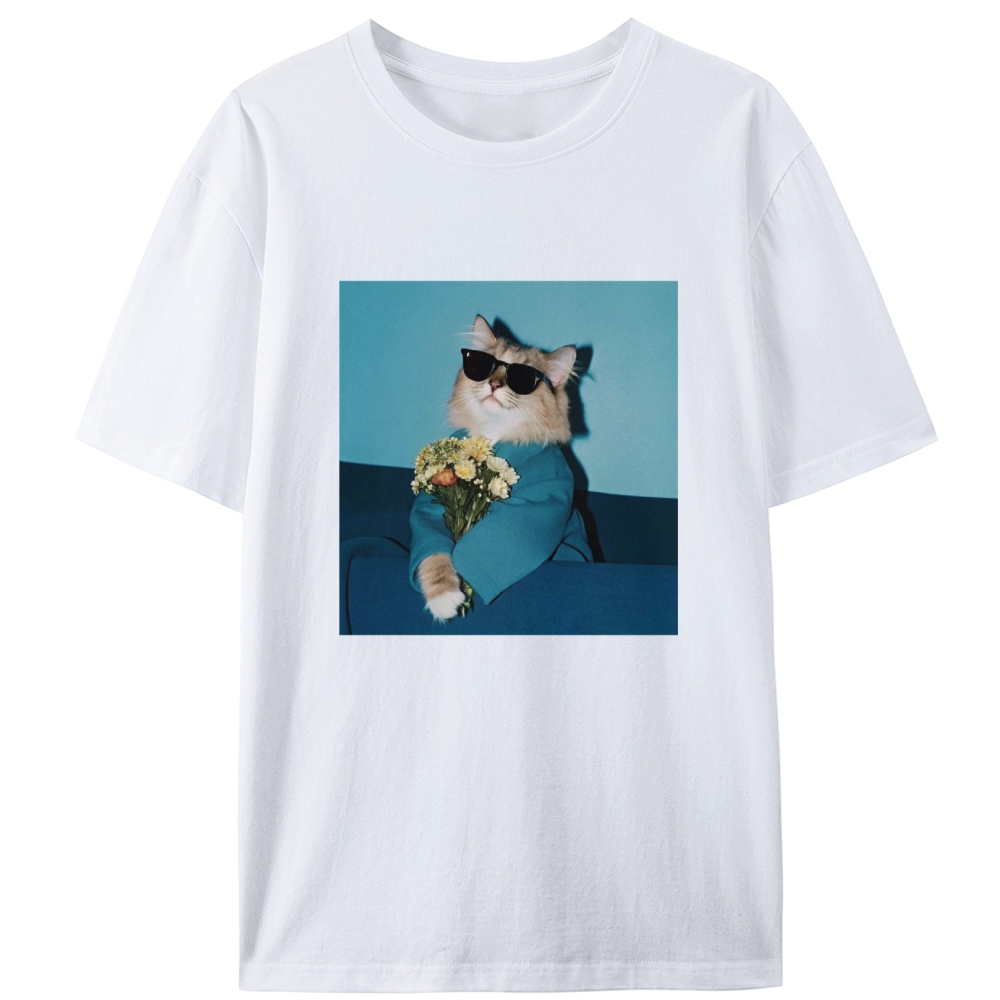 Cool Cat With Sunglasses Holding Flowers Retro Designed for Women - Slim Fit Cotton Tee