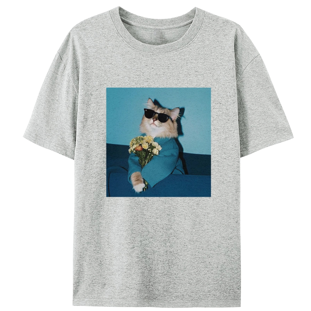 Cool Cat With Sunglasses Holding Flowers Retro Designed for Women - Slim Fit Cotton Tee