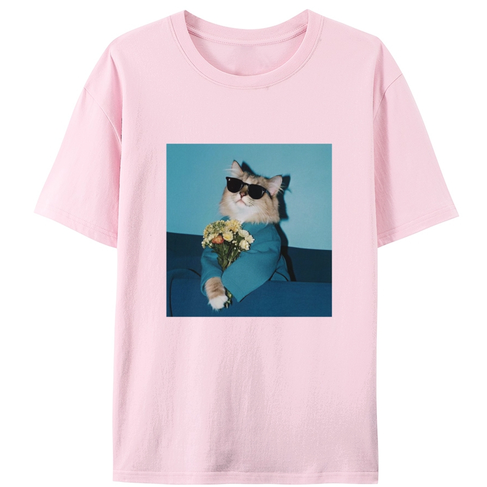 Cool Cat With Sunglasses Holding Flowers Retro Designed for Women - Slim Fit Cotton Tee