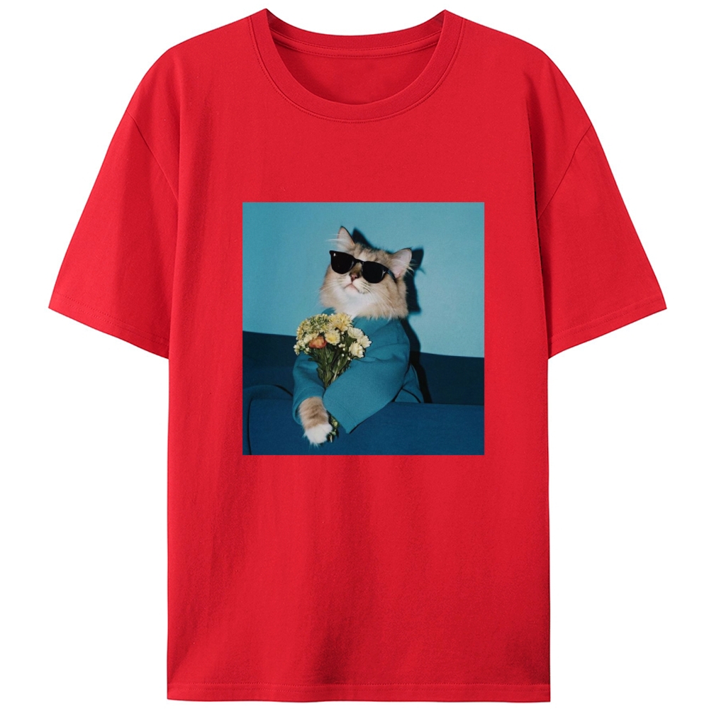 Cool Cat With Sunglasses Holding Flowers Retro Designed for Women - Slim Fit Cotton Tee