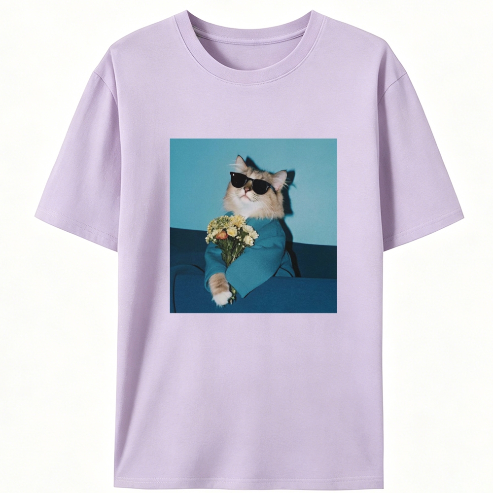 Cool Cat With Sunglasses Holding Flowers Retro Designed for Women - Slim Fit Cotton Tee