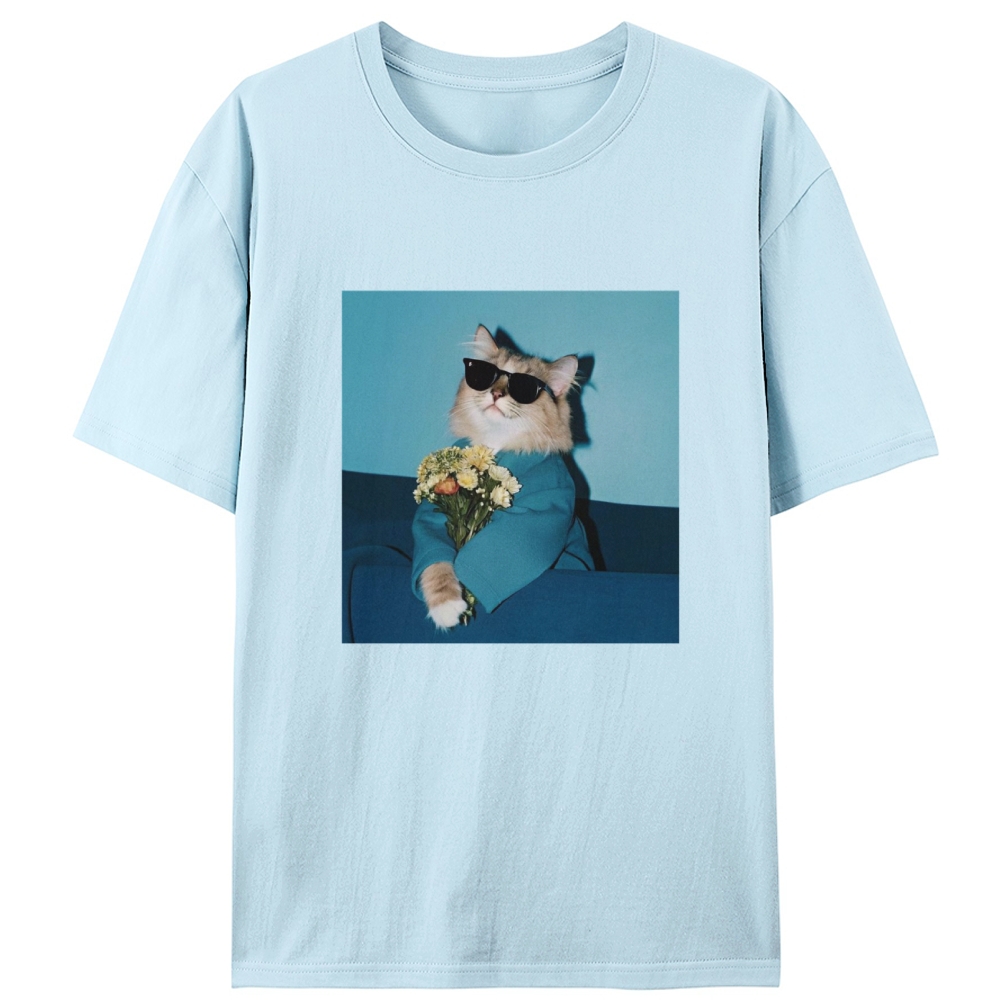 Cool Cat With Sunglasses Holding Flowers Retro Designed for Women - Slim Fit Cotton Tee