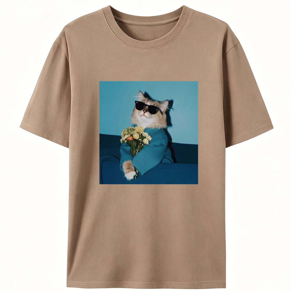 Cool Cat With Sunglasses Holding Flowers Retro Designed for Women - Slim Fit Cotton Tee