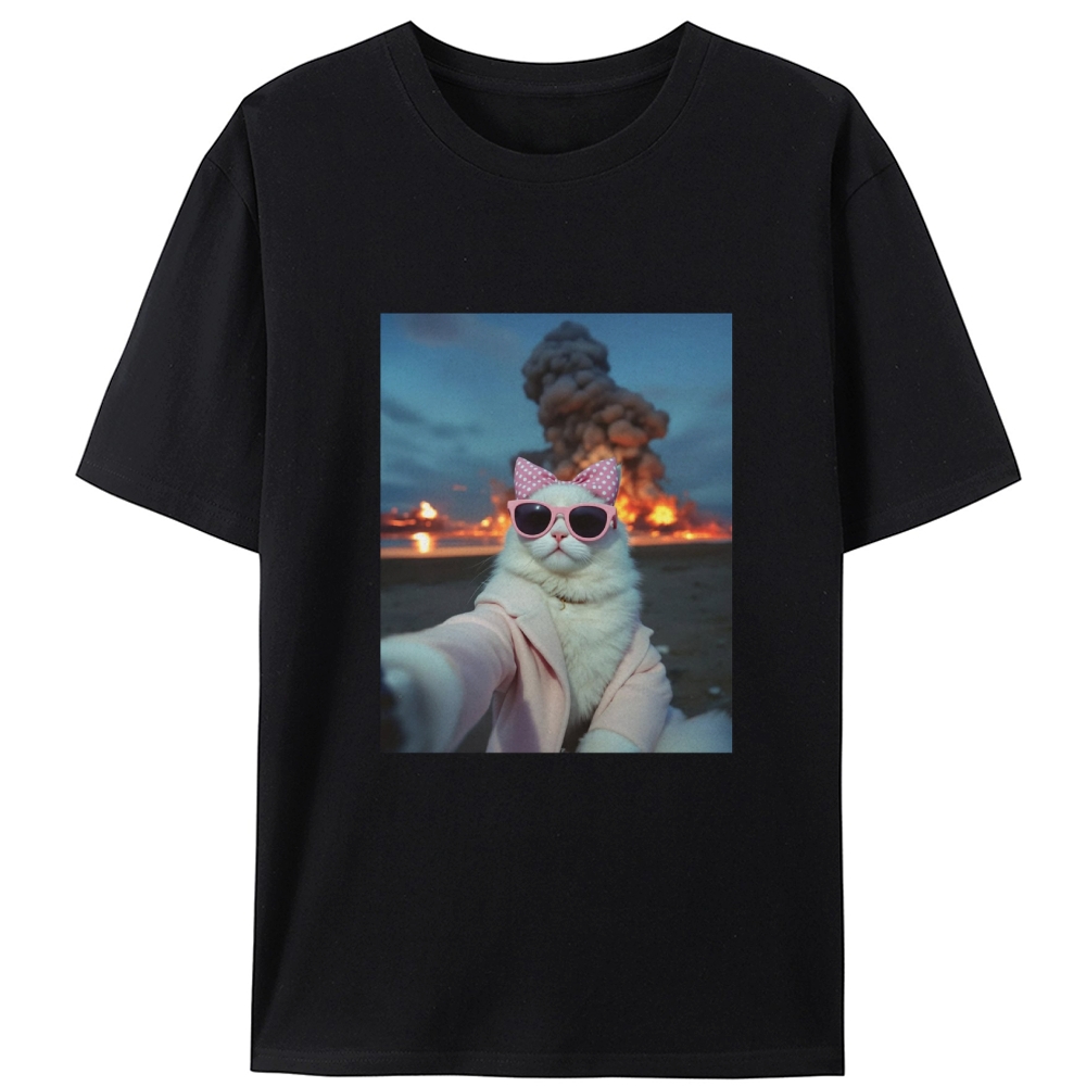 Cool White Cat Selfie Graphic Designed for Women - Slim Fit Cotton Tee