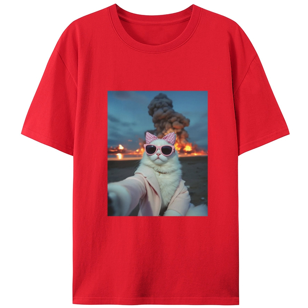 Cool White Cat Selfie Graphic Designed for Women - Slim Fit Cotton Tee