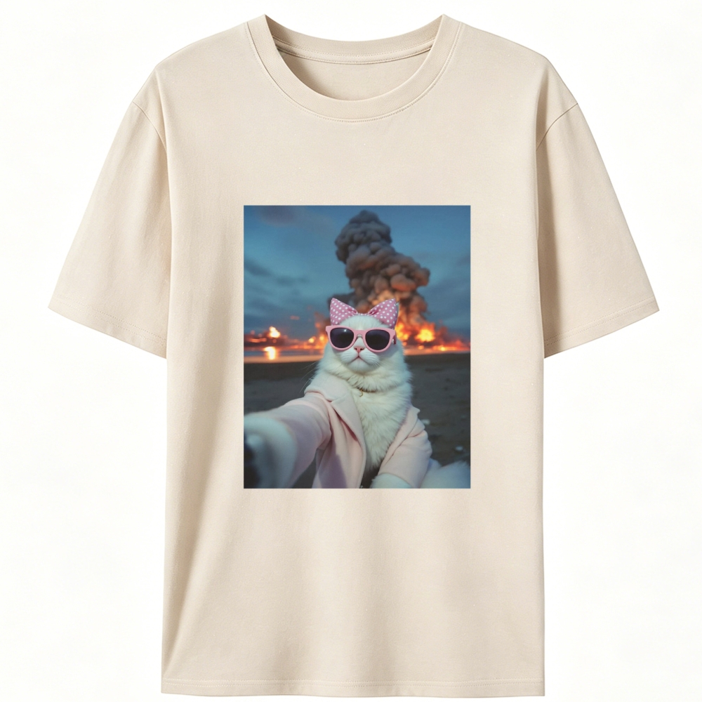 Cool White Cat Selfie Graphic Designed for Women - Slim Fit Cotton Tee
