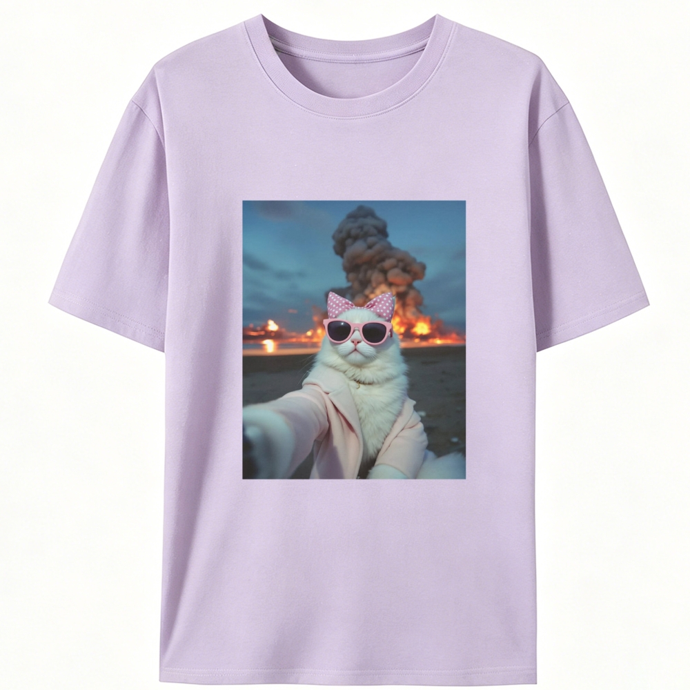 Cool White Cat Selfie Graphic Designed for Women - Slim Fit Cotton Tee