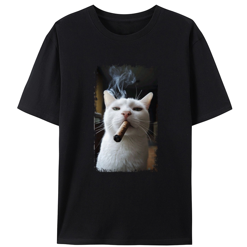 Vintage Cigar Smoking White Cat Graphic Designed for Women - Slim Fit Cotton Tee