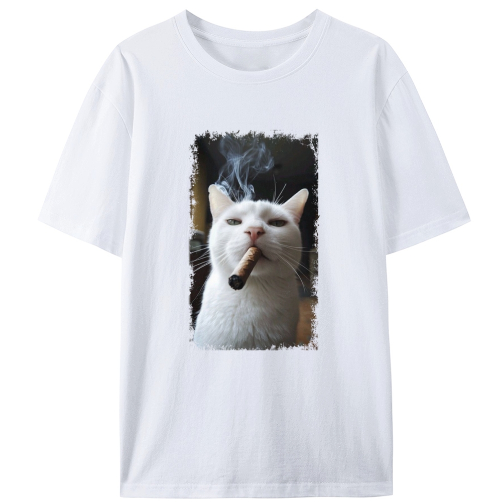 Vintage Cigar Smoking White Cat Graphic Designed for Women - Slim Fit Cotton Tee