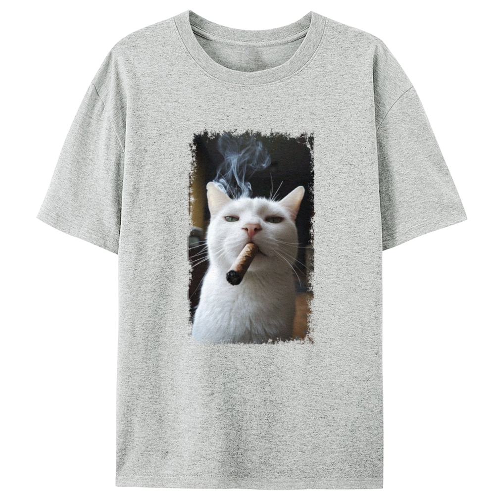 Vintage Cigar Smoking White Cat Graphic Designed for Women - Slim Fit Cotton Tee
