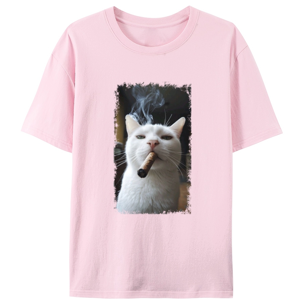 Vintage Cigar Smoking White Cat Graphic Designed for Women - Slim Fit Cotton Tee