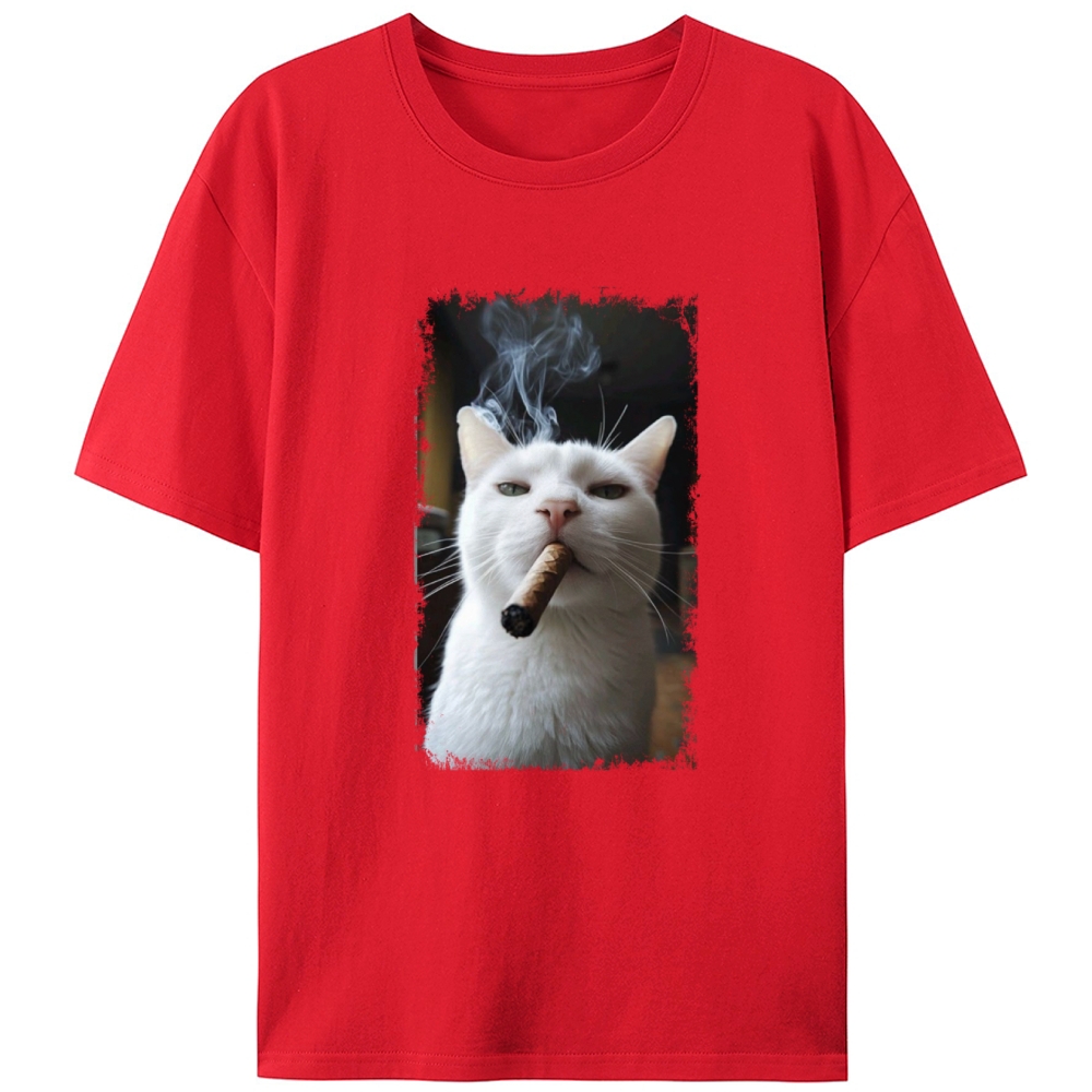 Vintage Cigar Smoking White Cat Graphic Designed for Women - Slim Fit Cotton Tee