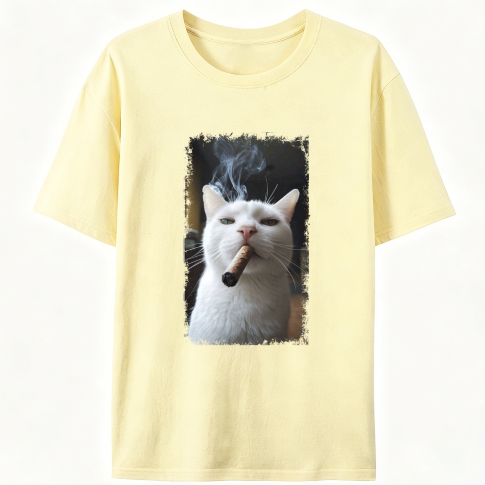 Vintage Cigar Smoking White Cat Graphic Designed for Women - Slim Fit Cotton Tee