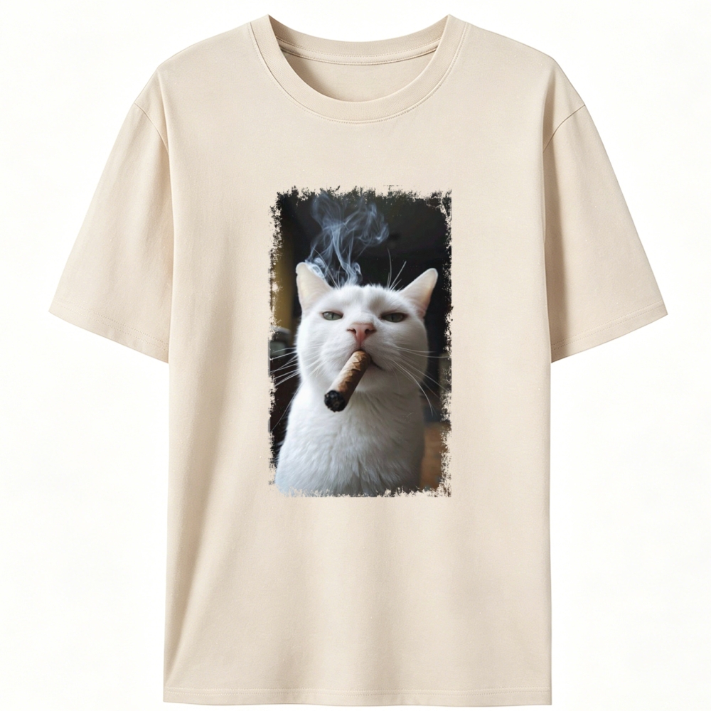 Vintage Cigar Smoking White Cat Graphic Designed for Women - Slim Fit Cotton Tee