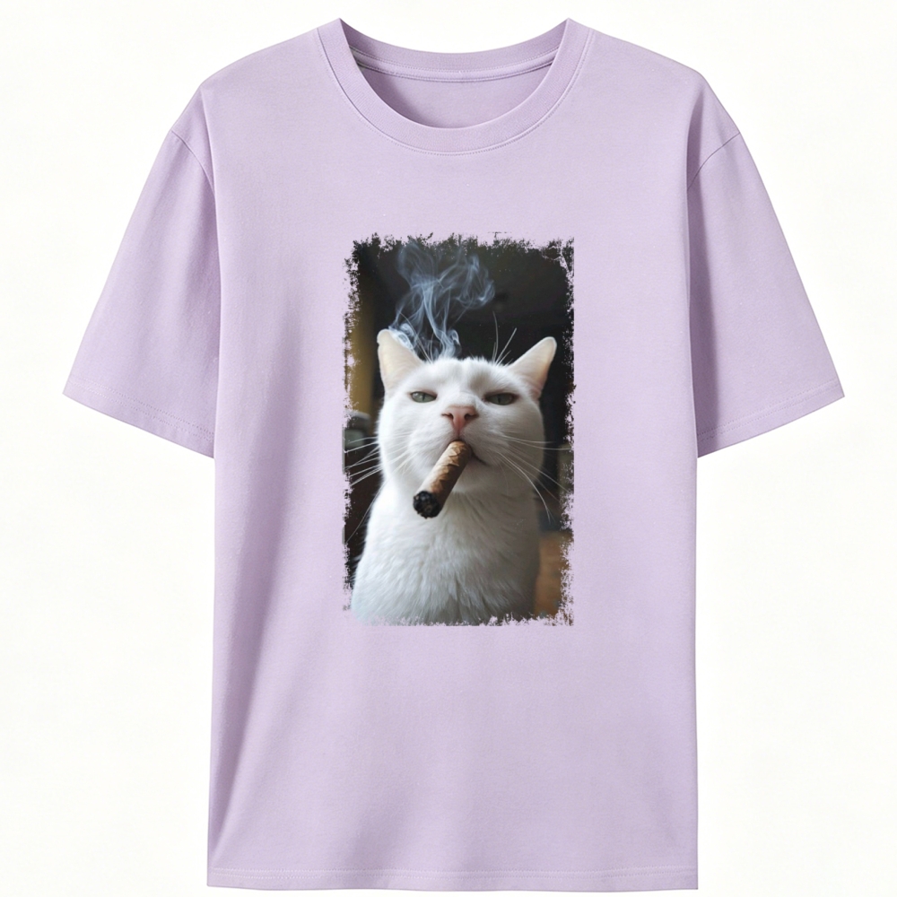 Vintage Cigar Smoking White Cat Graphic Designed for Women - Slim Fit Cotton Tee
