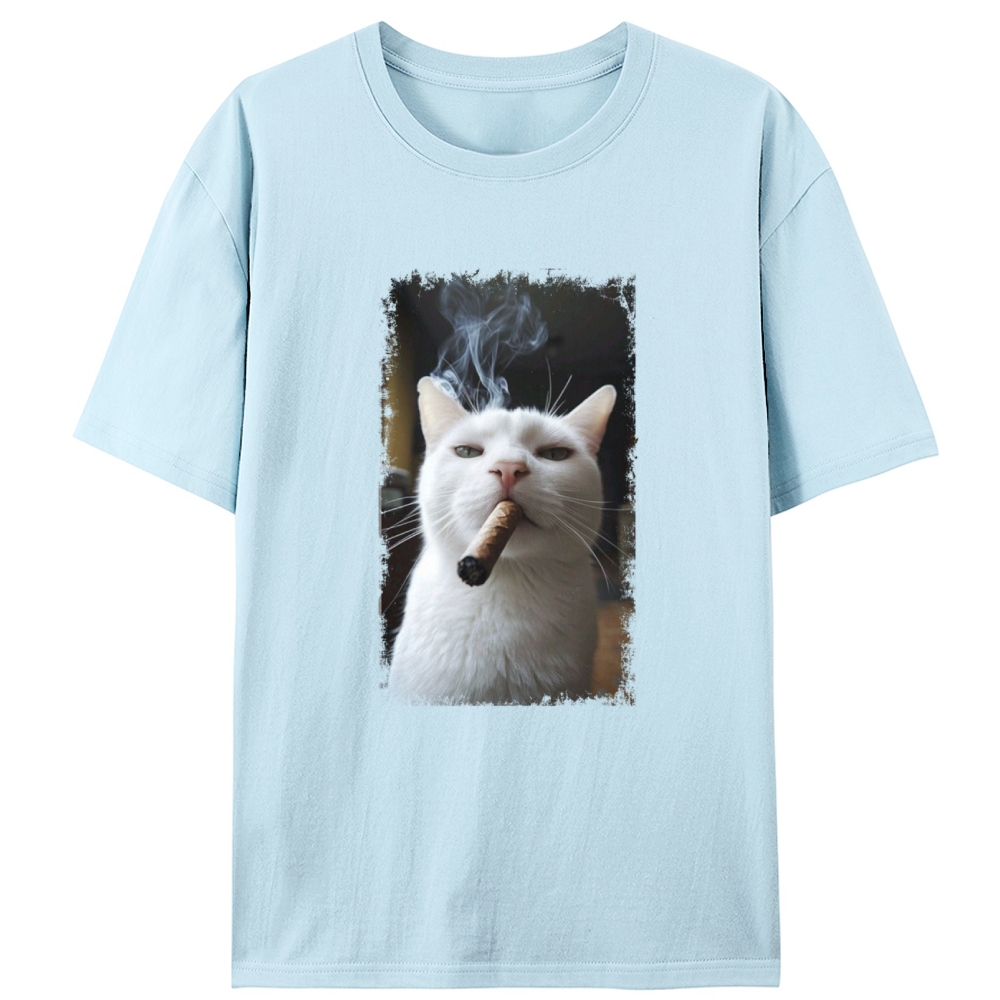 Vintage Cigar Smoking White Cat Graphic Designed for Women - Slim Fit Cotton Tee