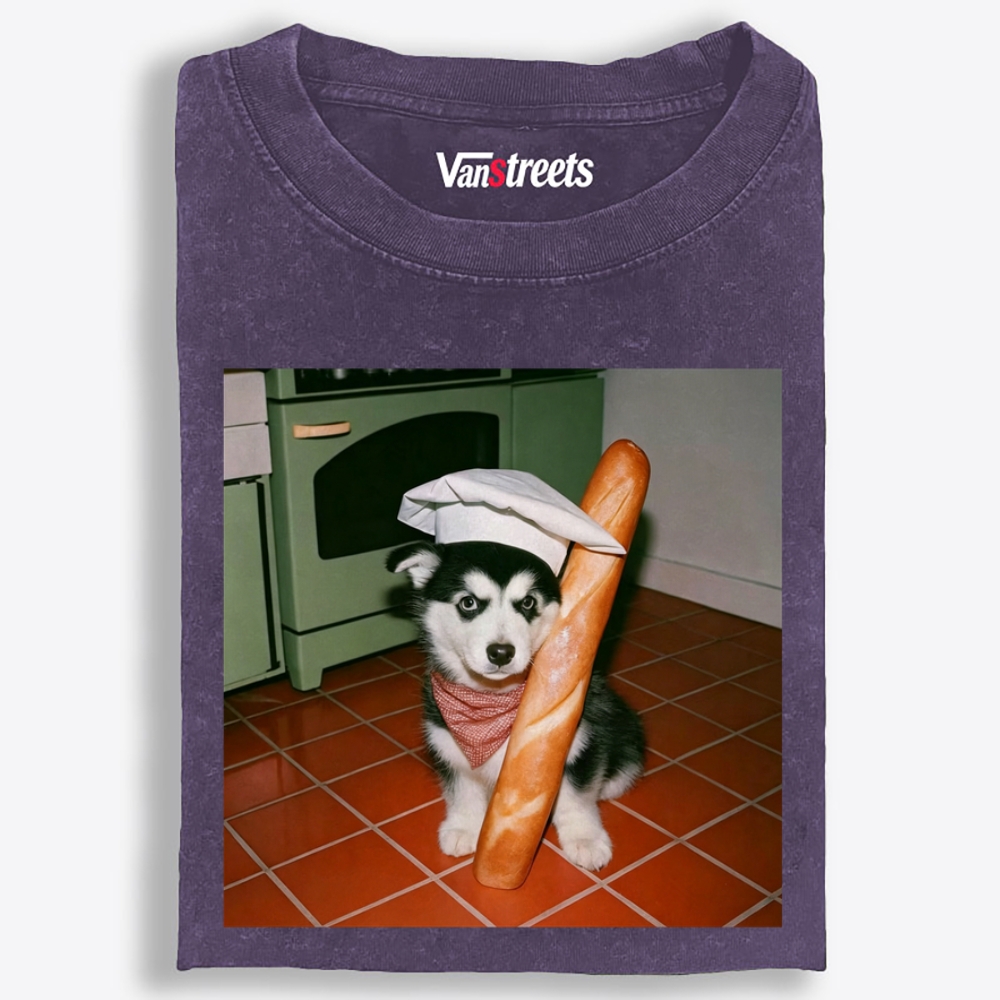 Husky Baker Baguette Graphic Washed T-Shirt | 100% Cotton | Streetwear Essential