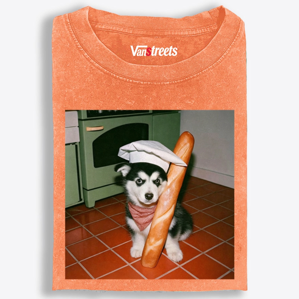 Husky Baker Baguette Graphic Washed T-Shirt | 100% Cotton | Streetwear Essential