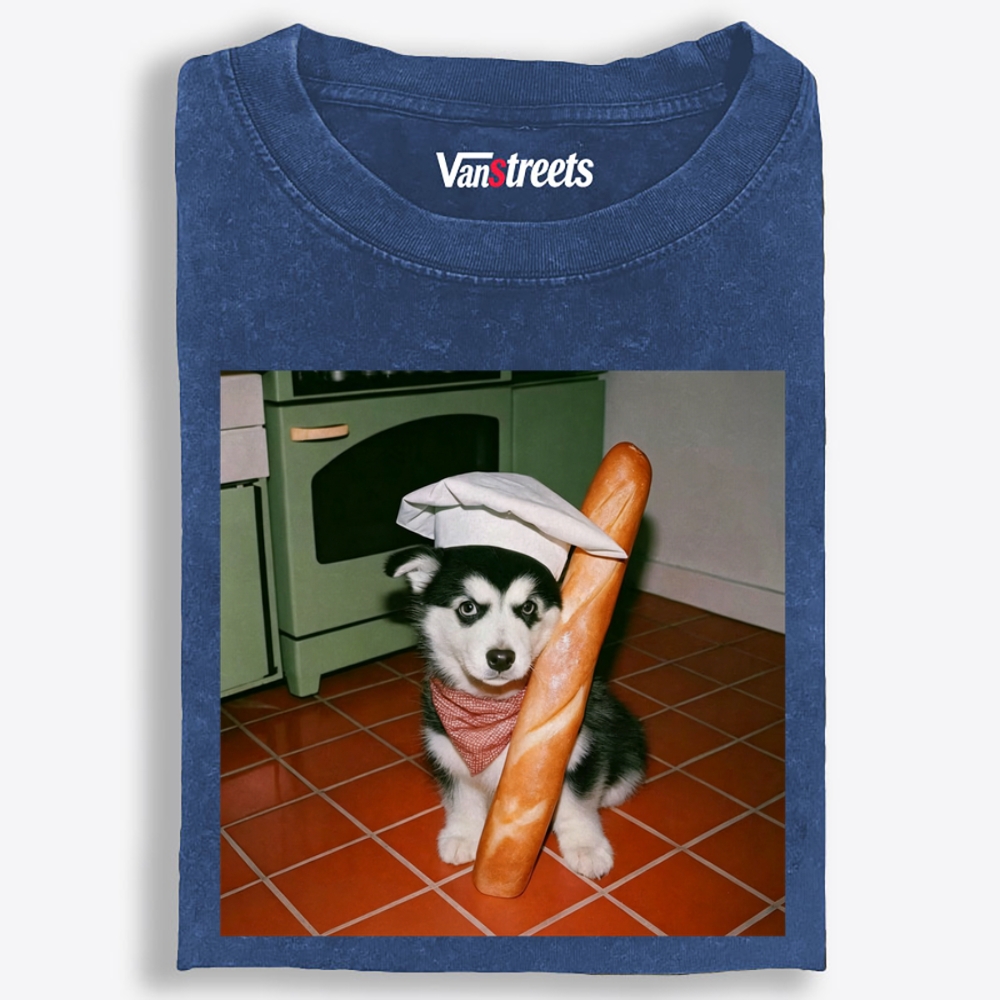 Husky Baker Baguette Graphic Washed T-Shirt | 100% Cotton | Streetwear Essential