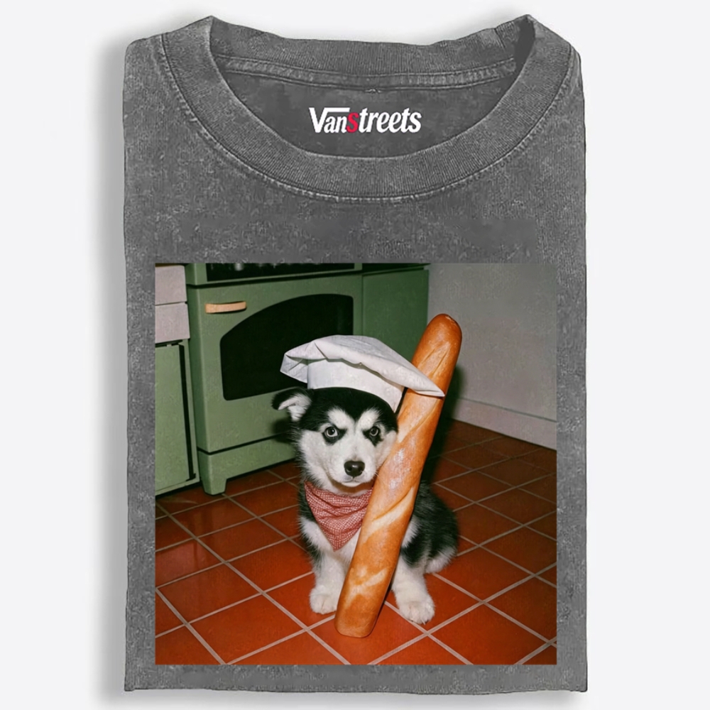Husky Baker Baguette Graphic Washed T-Shirt | 100% Cotton | Streetwear Essential