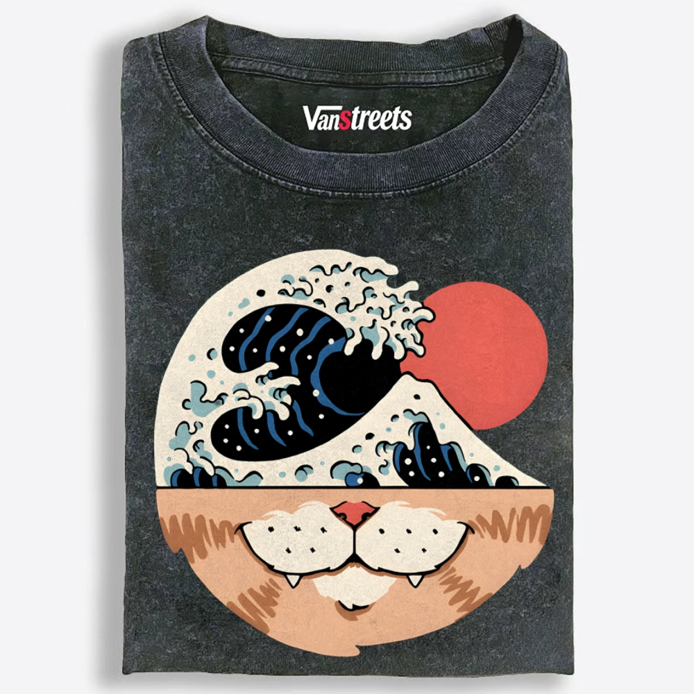 Cat Wave Retro Washed T-Shirt | 100% Cotton | Streetwear Essential