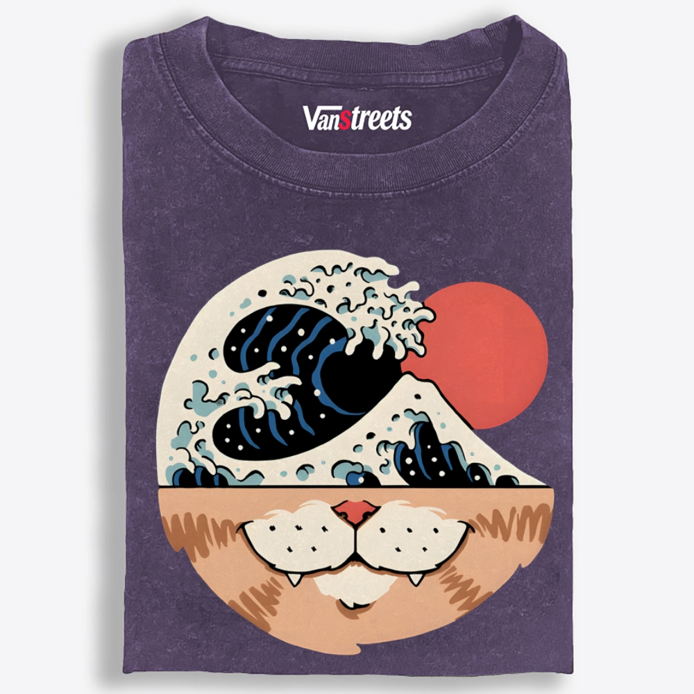 Cat Wave Retro Washed T-Shirt | 100% Cotton | Streetwear Essential