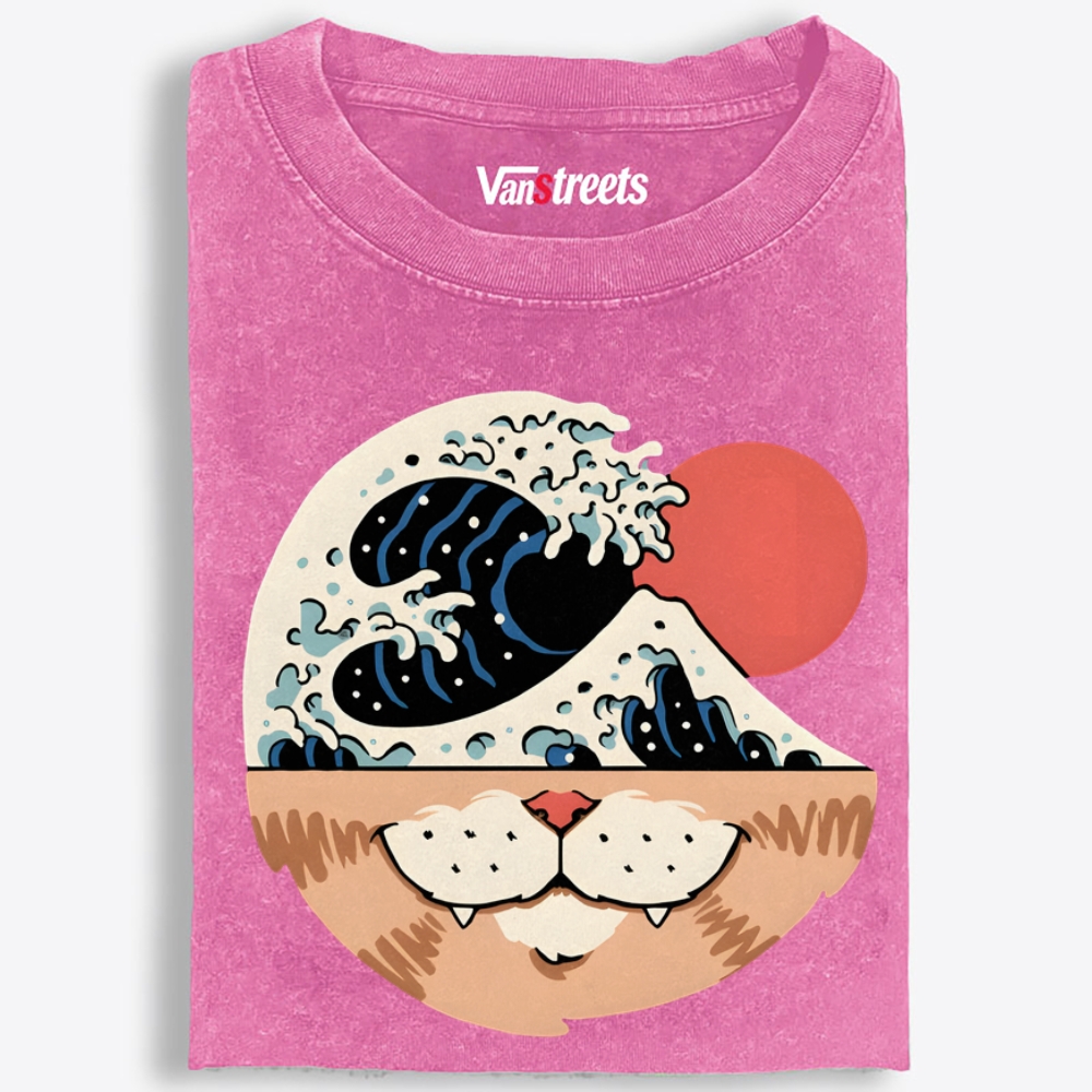 Cat Wave Retro Washed T-Shirt | 100% Cotton | Streetwear Essential