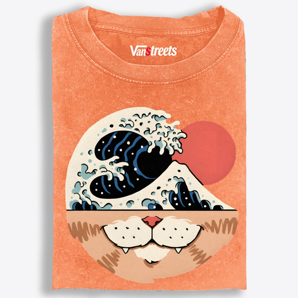 Cat Wave Retro Washed T-Shirt | 100% Cotton | Streetwear Essential