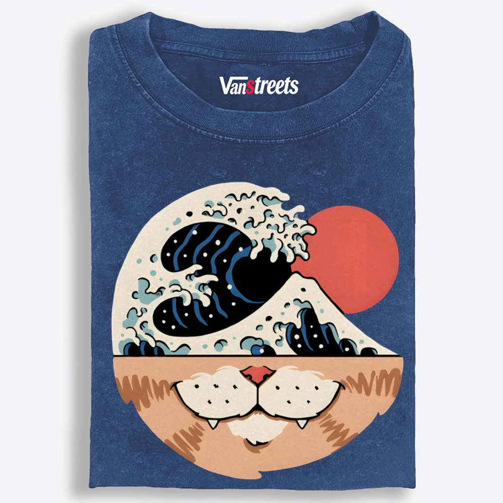Cat Wave Retro Washed T-Shirt | 100% Cotton | Streetwear Essential