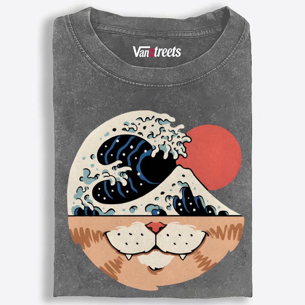 Cat Wave Retro Washed T-Shirt | 100% Cotton | Streetwear Essential