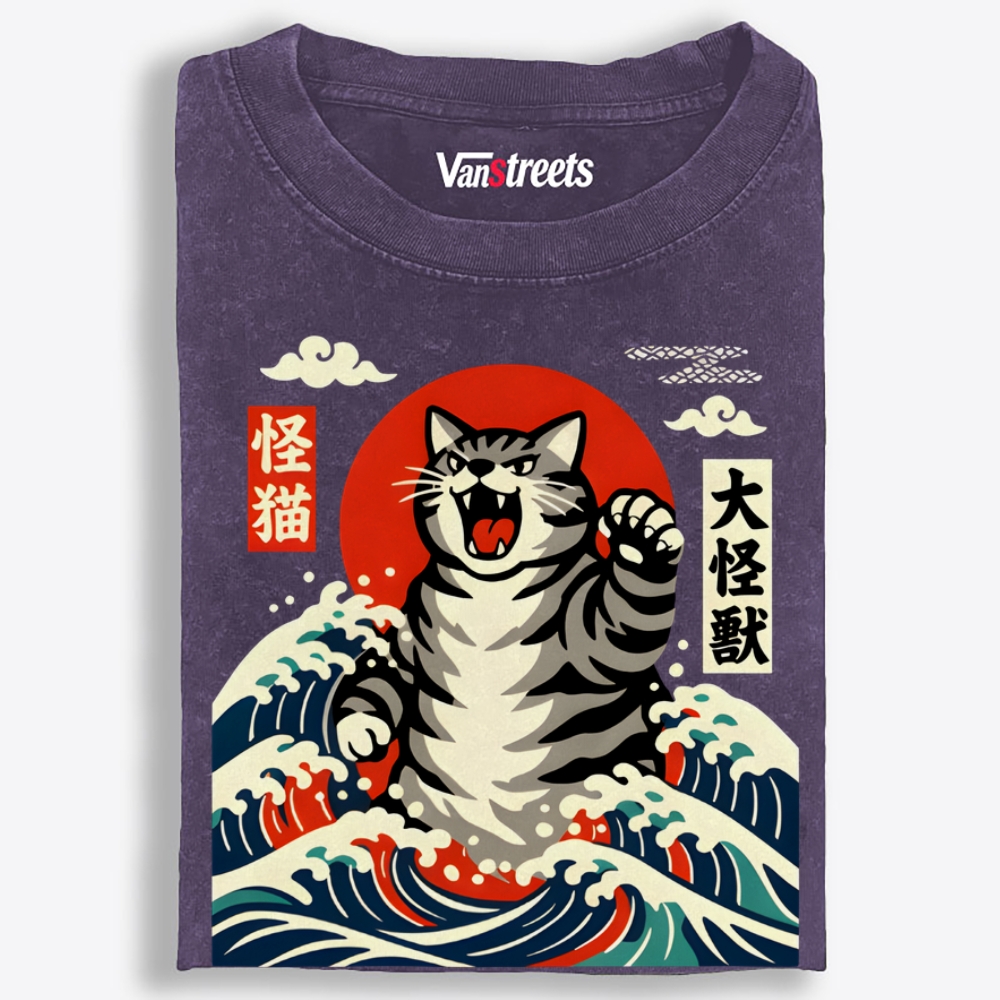 Monster Cat Kaiju Retro Washed T-Shirt | 100% Cotton | Streetwear Essential
