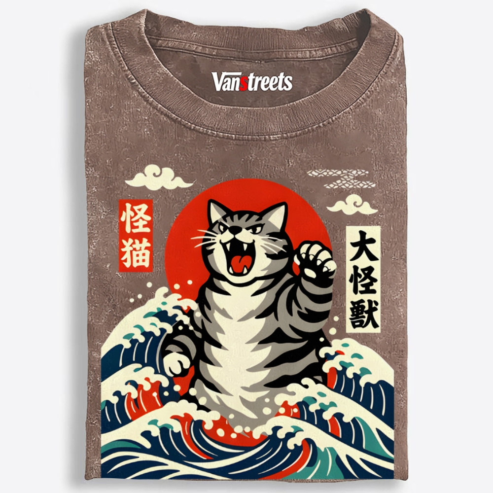 Monster Cat Kaiju Retro Washed T-Shirt | 100% Cotton | Streetwear Essential