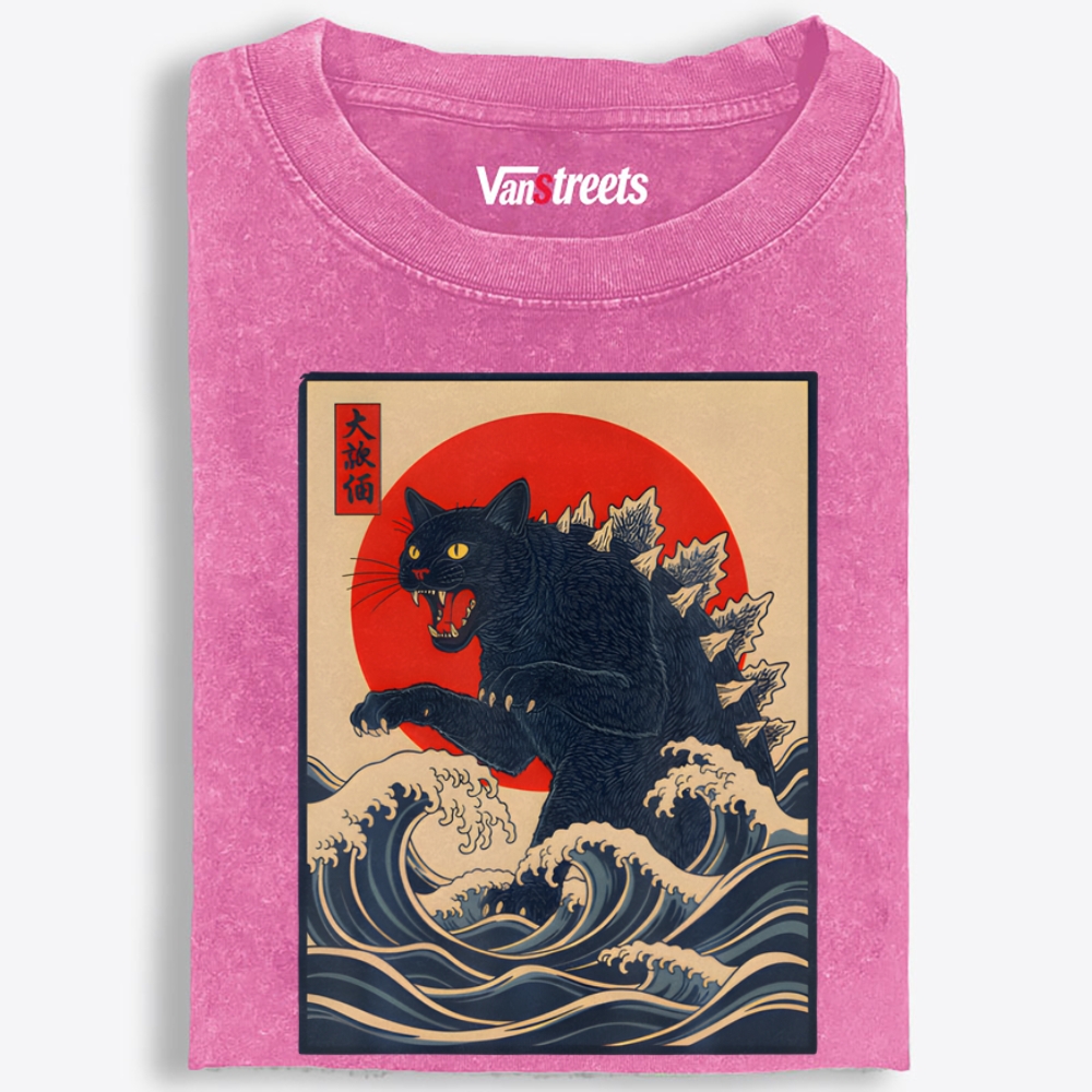 Black Catzilla Retro Washed T-Shirt | 100% Cotton | Streetwear Essential