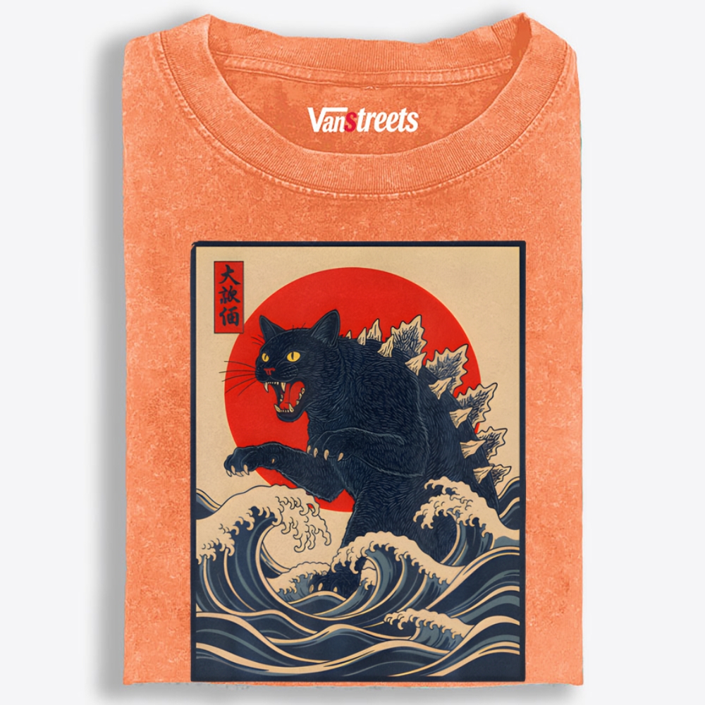 Black Catzilla Retro Washed T-Shirt | 100% Cotton | Streetwear Essential