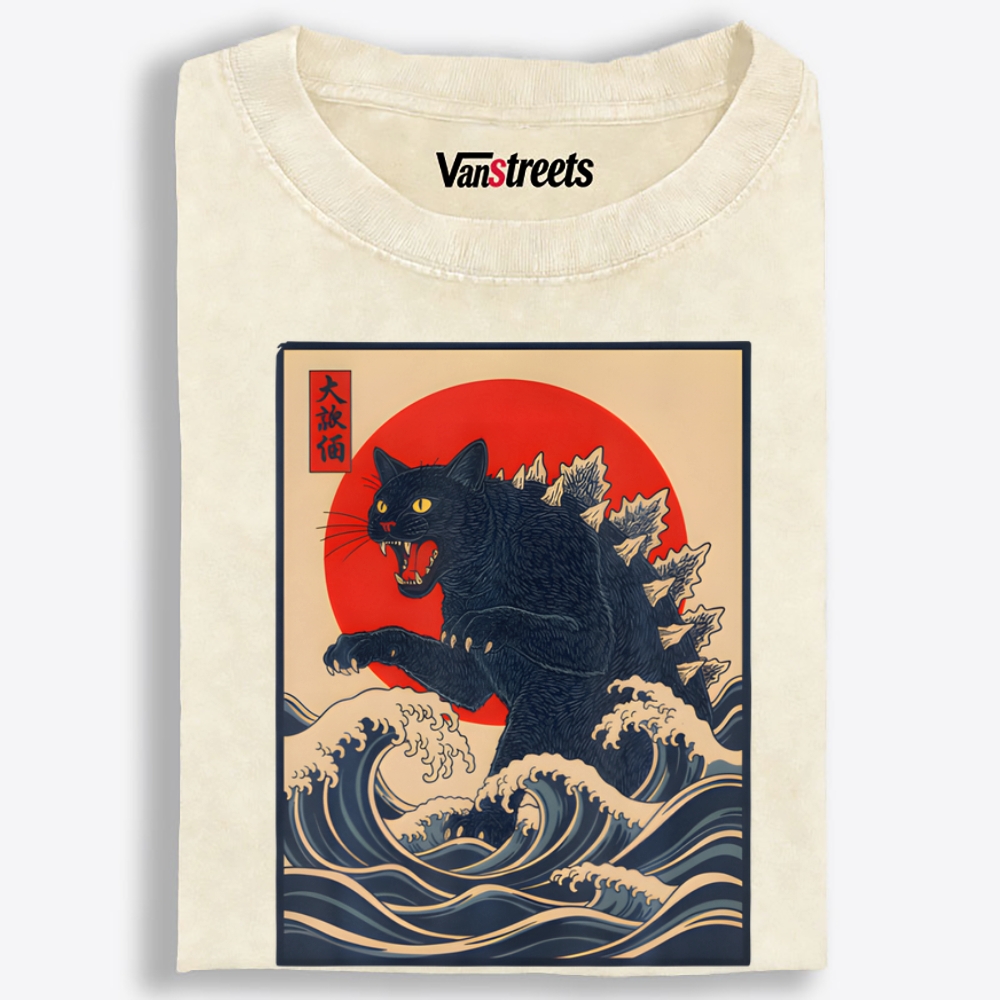 Black Catzilla Retro Washed T-Shirt | 100% Cotton | Streetwear Essential
