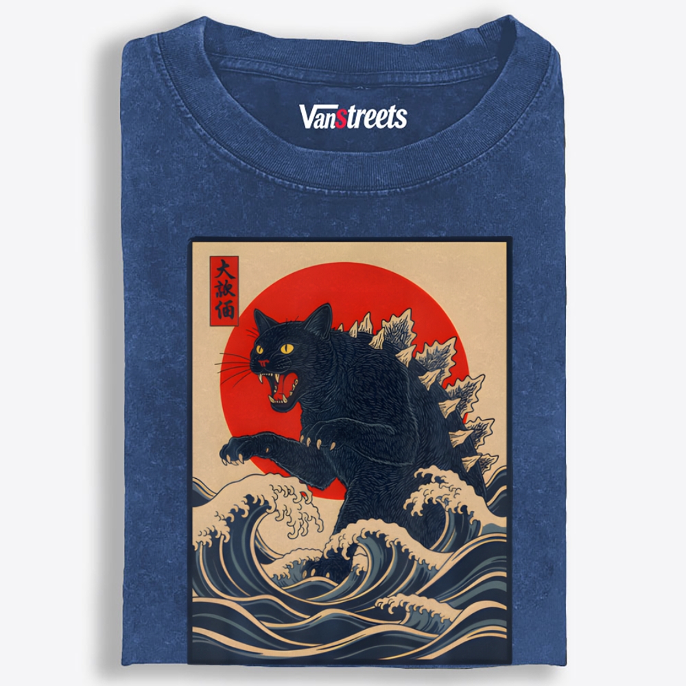 Black Catzilla Retro Washed T-Shirt | 100% Cotton | Streetwear Essential