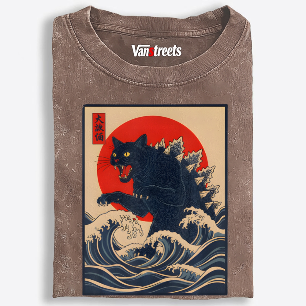 Black Catzilla Retro Washed T-Shirt | 100% Cotton | Streetwear Essential
