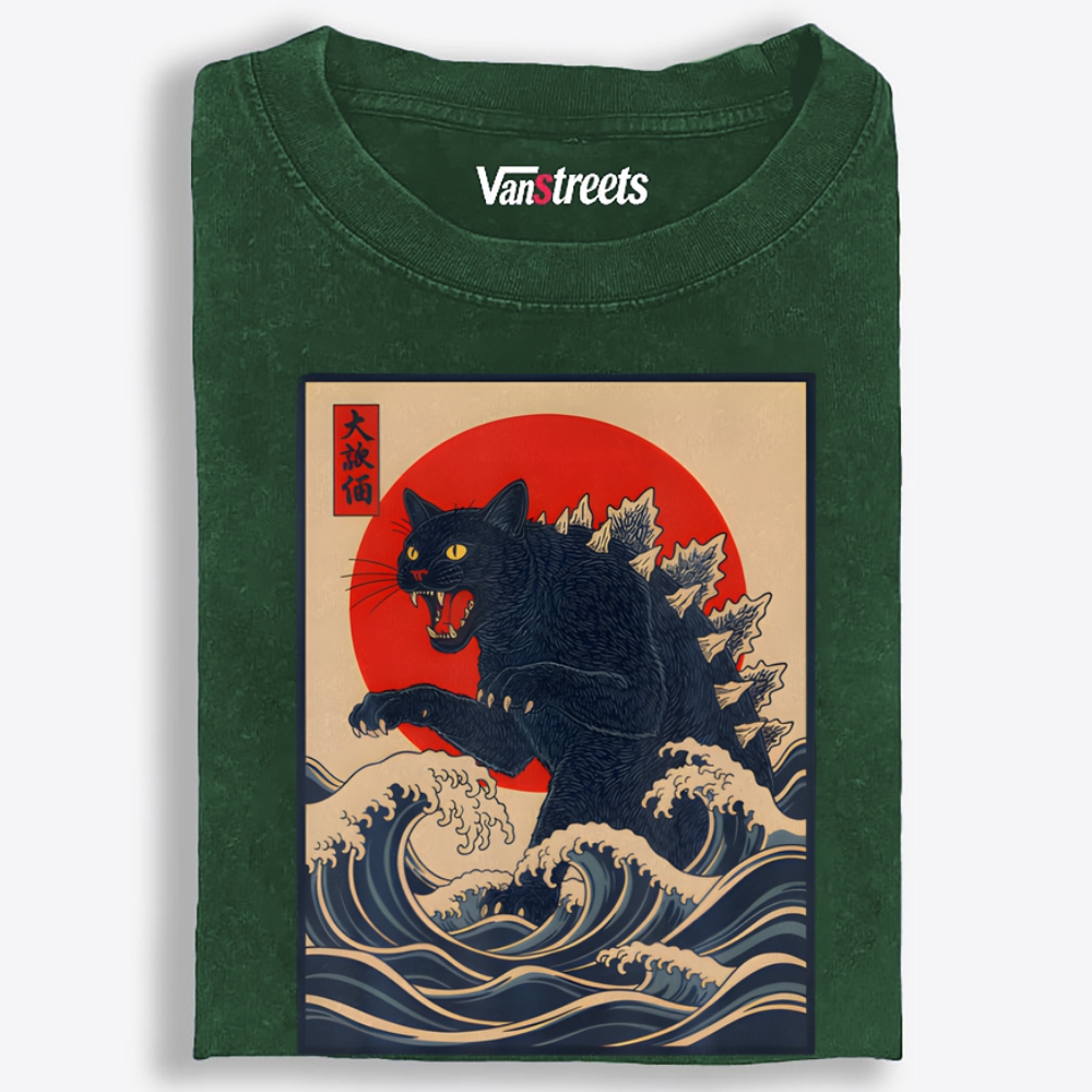 Black Catzilla Retro Washed T-Shirt | 100% Cotton | Streetwear Essential