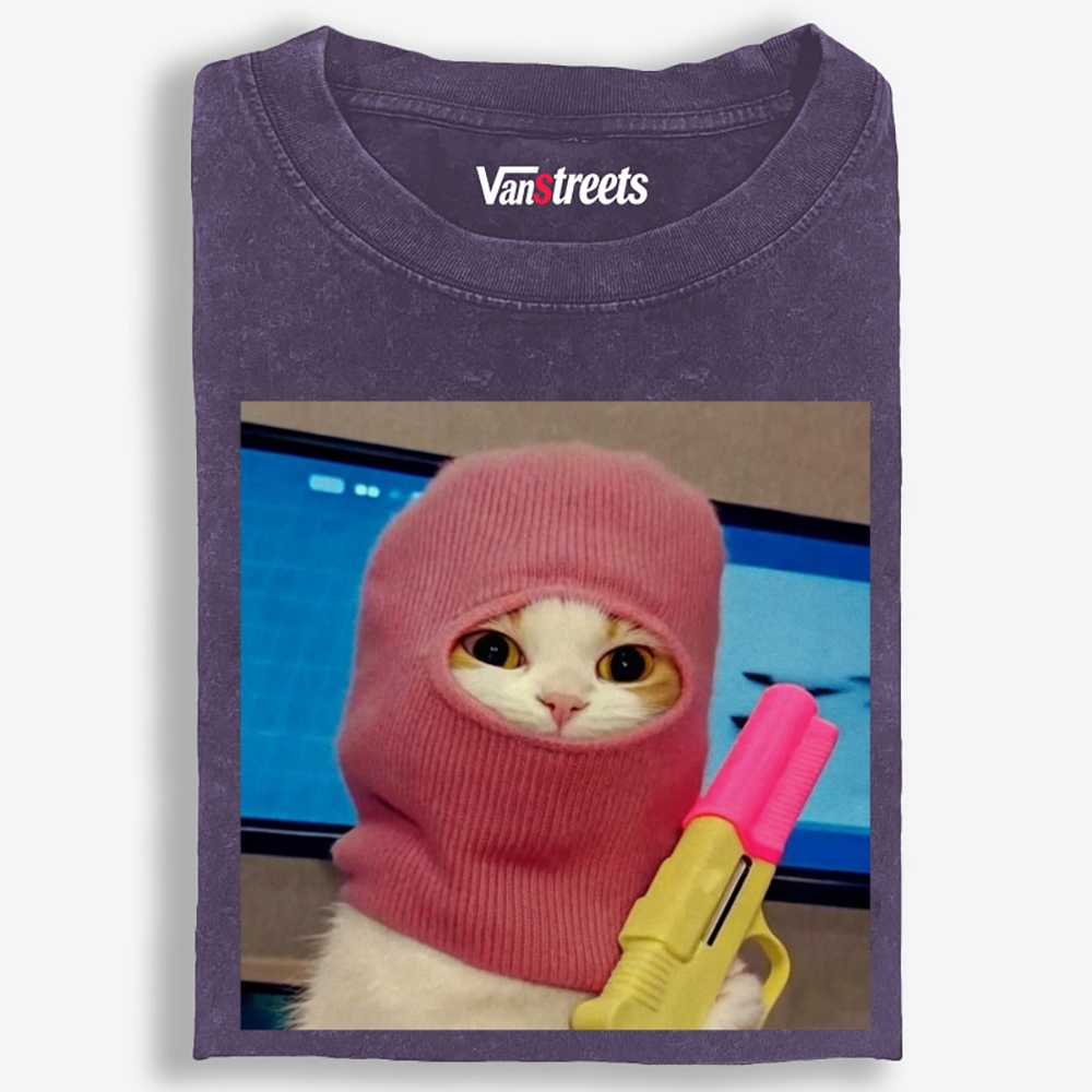 Pink Balaclava Gun Cat Retro Washed T-Shirt | 100% Cotton | Streetwear Essential