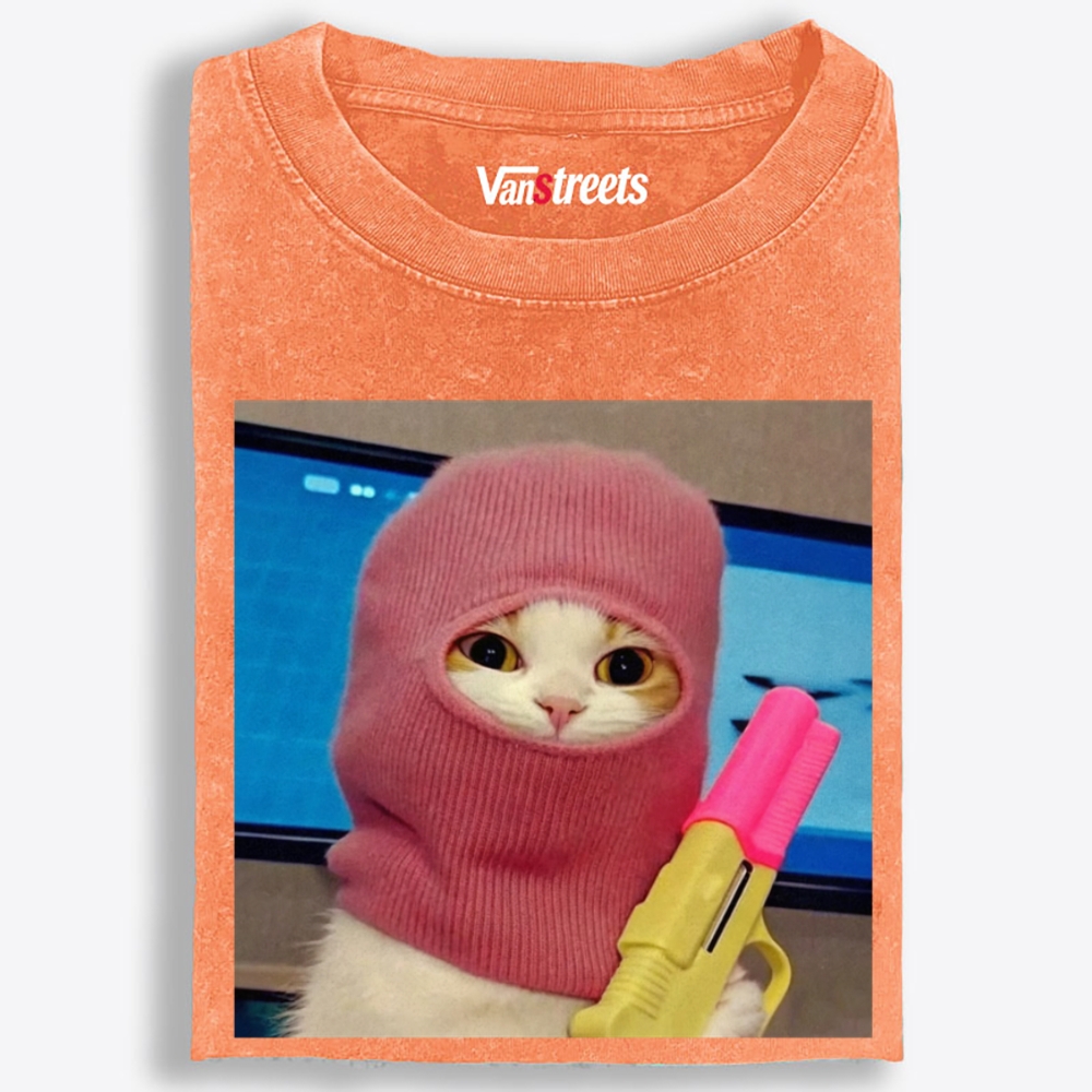 Pink Balaclava Gun Cat Retro Washed T-Shirt | 100% Cotton | Streetwear Essential