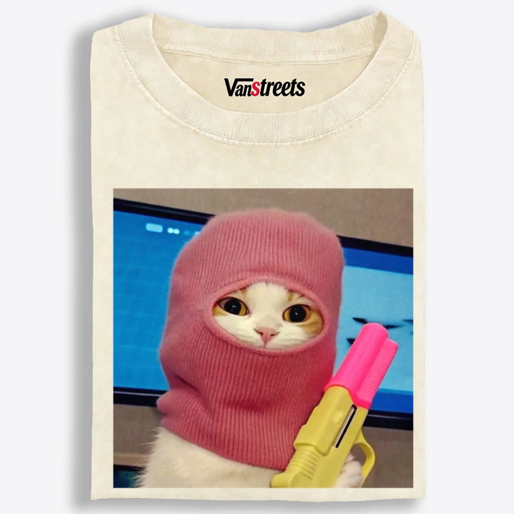 Pink Balaclava Gun Cat Retro Washed T-Shirt | 100% Cotton | Streetwear Essential