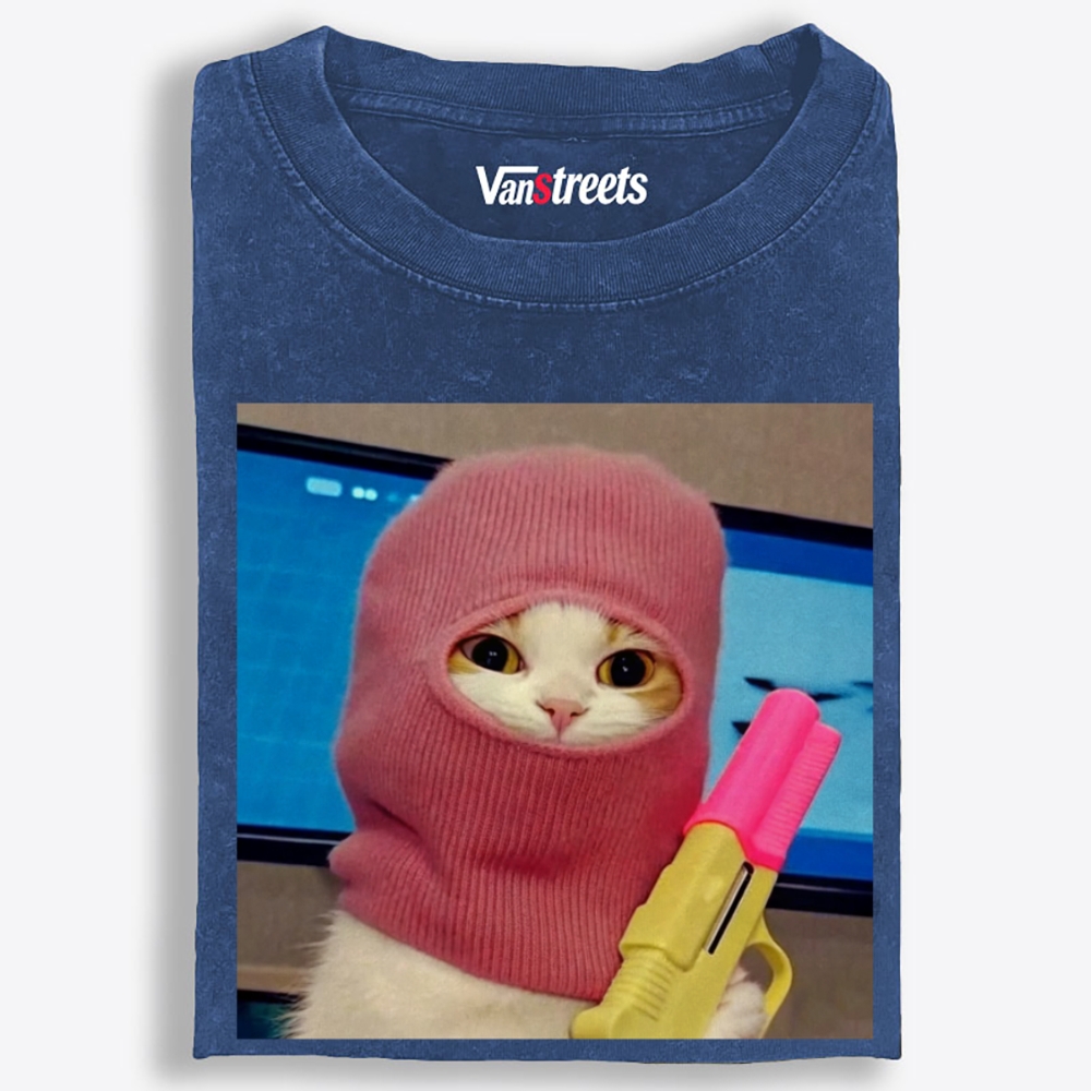 Pink Balaclava Gun Cat Retro Washed T-Shirt | 100% Cotton | Streetwear Essential